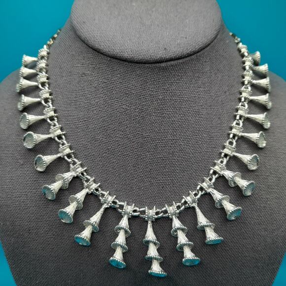 Vintage Japan Silver Tone Choker Necklace, Spiraling Dangles, 1950s Jewelry - Picture 3 of 11